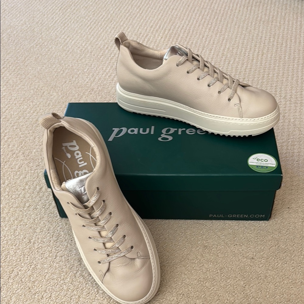 Paul Green Beige/Silver Accents Leather Platform Sneakers with Elastic Laces